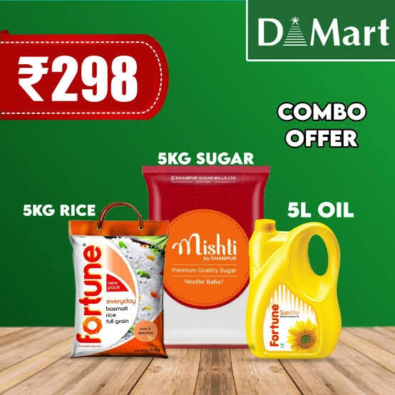 Dmart combo pack offer:  5kg Fortune oil,5kg suger,  and 5kg fourtune rice in Rs_499 only/