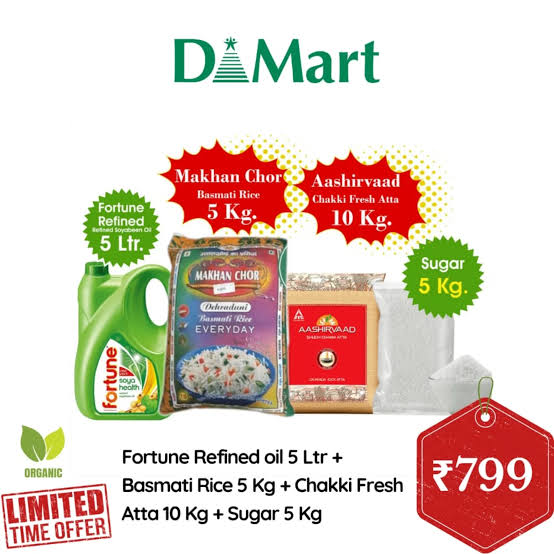 Dmart combo pack offer:  5kg Fortune oil,5kg sugar, 5kg Ashirwad aata,and 5kg  Ashirwad beshan in Rs_499 only/